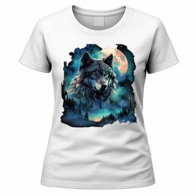 Grey Wolf Hunting Grounds Icy Moon Forest Galaxy Women's T-Shirt