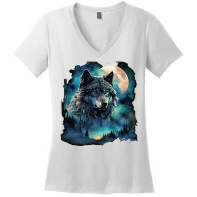 Grey Wolf Hunting Grounds Icy Moon Forest Galaxy Women's V-Neck T-Shirt