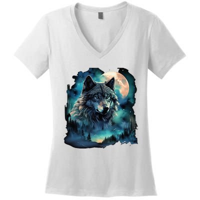 Grey Wolf Hunting Grounds Icy Moon Forest Galaxy Women's V-Neck T-Shirt