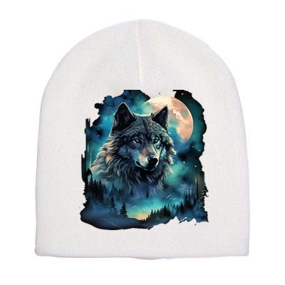 Grey Wolf Hunting Grounds Icy Moon Forest Galaxy Short Acrylic Beanie