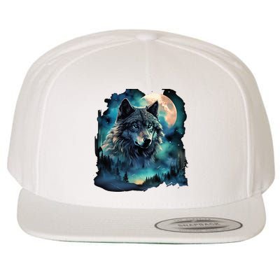 Grey Wolf Hunting Grounds Icy Moon Forest Galaxy Wool Snapback Cap
