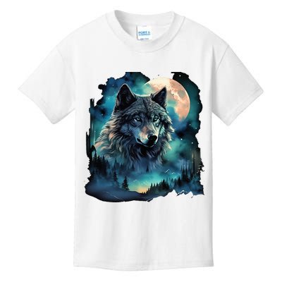 Grey Wolf Hunting Grounds Icy Moon Forest Galaxy Kids T-Shirt