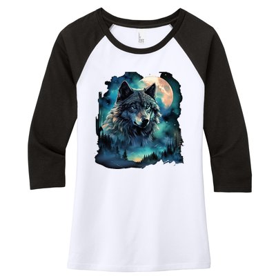 Grey Wolf Hunting Grounds Icy Moon Forest Galaxy Women's Tri-Blend 3/4-Sleeve Raglan Shirt