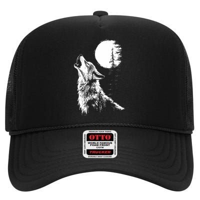 Graphic Wolf Howling Moon Forest Nature Wildlife Animal High Crown Mesh Back Trucker Hat