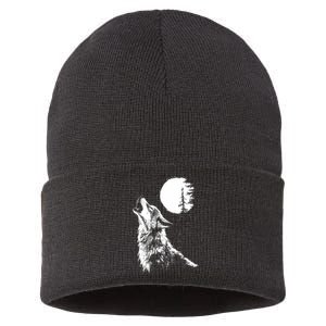 Graphic Wolf Howling Moon Forest Nature Wildlife Animal Sustainable Knit Beanie