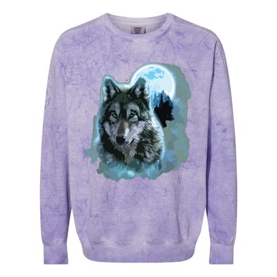 Grey Wolf Hunting Ground, Icy Moon, Forest, Galaxy Colorblast Crewneck Sweatshirt