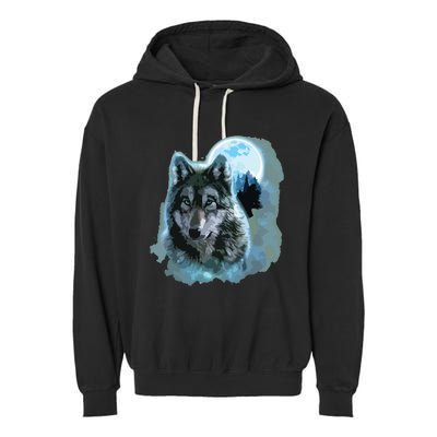 Grey Wolf Hunting Ground, Icy Moon, Forest, Galaxy Garment-Dyed Fleece Hoodie