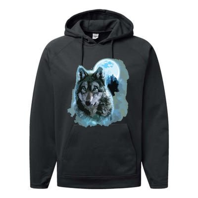 Grey Wolf Hunting Ground, Icy Moon, Forest, Galaxy Performance Fleece Hoodie