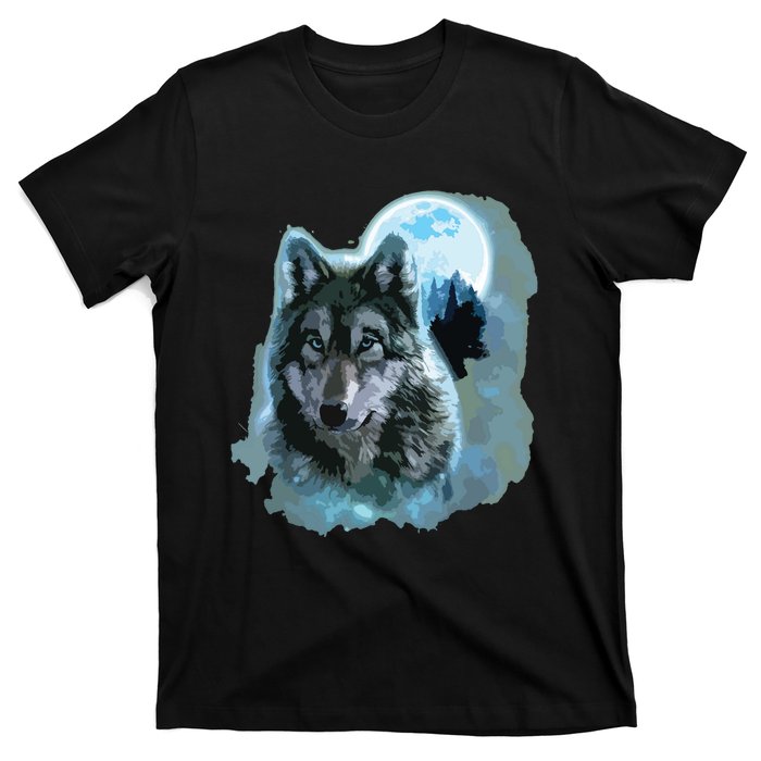 Grey Wolf Hunting Ground, Icy Moon, Forest, Galaxy T-Shirt