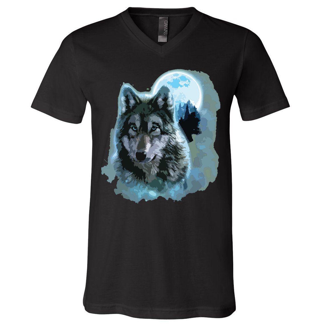 Grey Wolf Hunting Ground, Icy Moon, Forest, Galaxy V-Neck T-Shirt