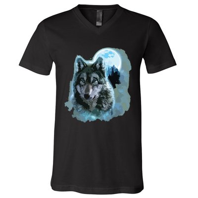 Grey Wolf Hunting Ground, Icy Moon, Forest, Galaxy V-Neck T-Shirt