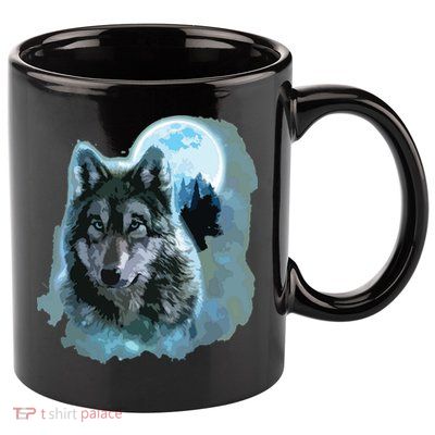 Grey Wolf Hunting Ground, Icy Moon, Forest, Galaxy 11oz C Handle Ceramic Mug