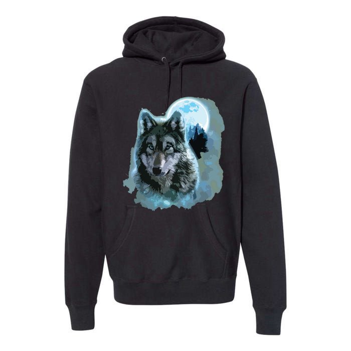 Grey Wolf Hunting Ground, Icy Moon, Forest, Galaxy Premium Hoodie