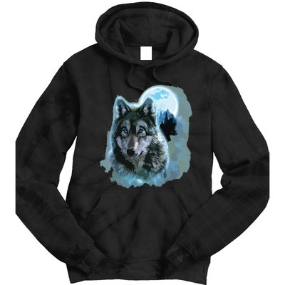 Grey Wolf Hunting Ground, Icy Moon, Forest, Galaxy Tie Dye Hoodie