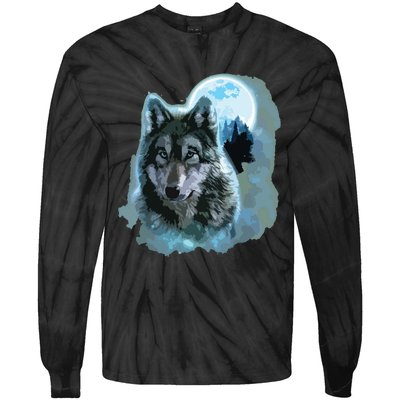 Grey Wolf Hunting Ground, Icy Moon, Forest, Galaxy Tie-Dye Long Sleeve Shirt