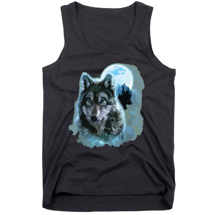 Grey Wolf Hunting Ground, Icy Moon, Forest, Galaxy Tank Top