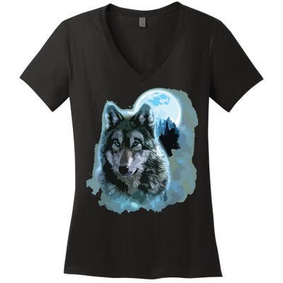 Grey Wolf Hunting Ground, Icy Moon, Forest, Galaxy Women's V-Neck T-Shirt