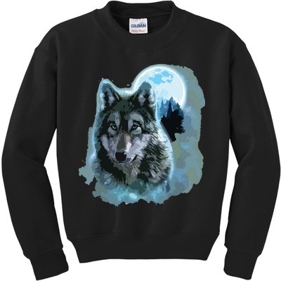 Grey Wolf Hunting Ground, Icy Moon, Forest, Galaxy Kids Sweatshirt