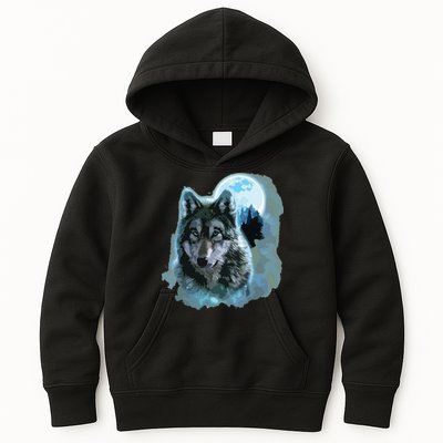 Grey Wolf Hunting Ground, Icy Moon, Forest, Galaxy Kids Hoodie