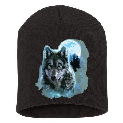 Grey Wolf Hunting Ground, Icy Moon, Forest, Galaxy Short Acrylic Beanie