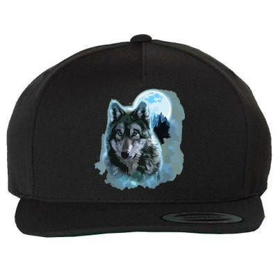 Grey Wolf Hunting Ground, Icy Moon, Forest, Galaxy Wool Snapback Cap