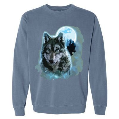 Grey Wolf Hunting Ground, Icy Moon, Forest, Galaxy Garment-Dyed Sweatshirt