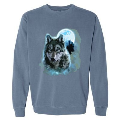 Grey Wolf Hunting Ground, Icy Moon, Forest, Galaxy Garment-Dyed Sweatshirt