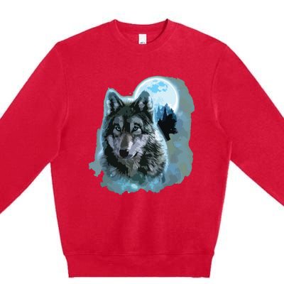 Grey Wolf Hunting Ground, Icy Moon, Forest, Galaxy Premium Crewneck Sweatshirt