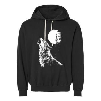 Graphic Wolf Howling Moon Forest Nature Wildlife Animal Garment-Dyed Fleece Hoodie