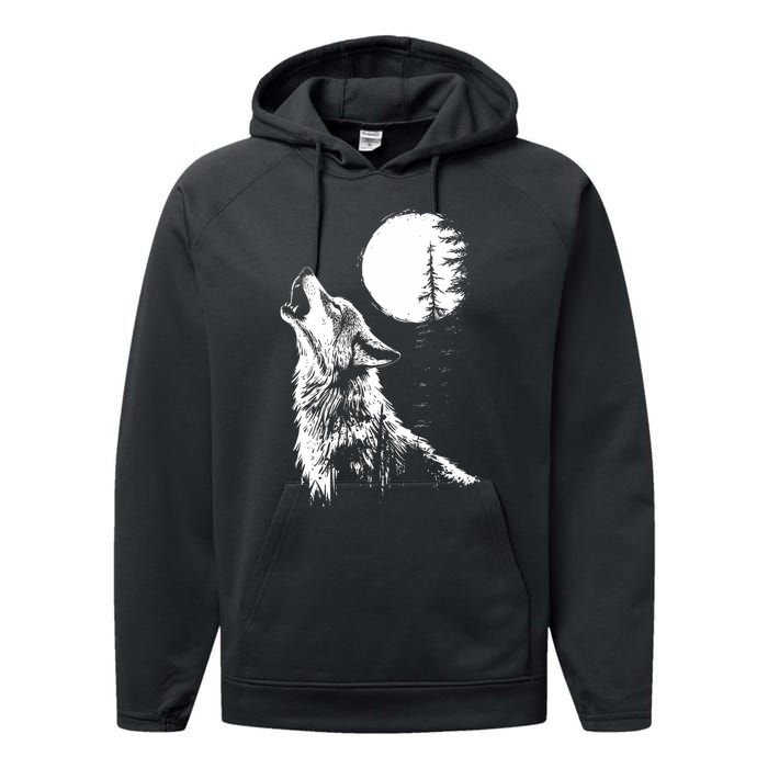 Graphic Wolf Howling Moon Forest Nature Wildlife Animal Performance Fleece Hoodie