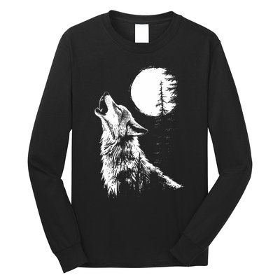 Graphic Wolf Howling Moon Forest Nature Wildlife Animal Long Sleeve Shirt