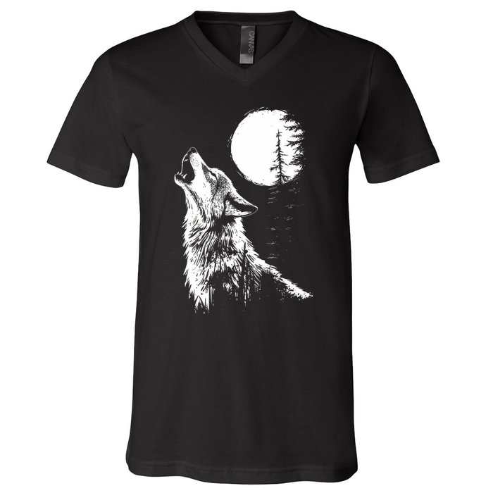 Graphic Wolf Howling Moon Forest Nature Wildlife Animal V-Neck T-Shirt