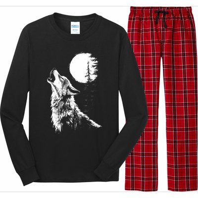 Graphic Wolf Howling Moon Forest Nature Wildlife Animal Long Sleeve Pajama Set