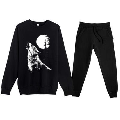 Graphic Wolf Howling Moon Forest Nature Wildlife Animal Premium Crewneck Sweatsuit Set