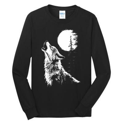 Graphic Wolf Howling Moon Forest Nature Wildlife Animal Tall Long Sleeve T-Shirt