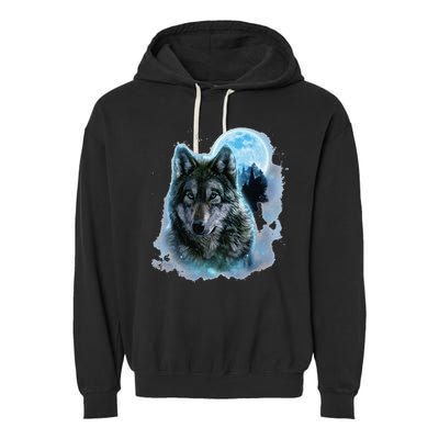 Grey Wolf Hunting Ground Icy Moon Forest Galaxy Garment-Dyed Fleece Hoodie