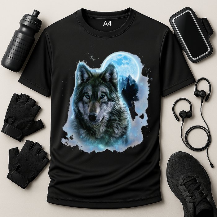 Grey Wolf Hunting Ground Icy Moon Forest Galaxy Cooling Performance Crew T-Shirt