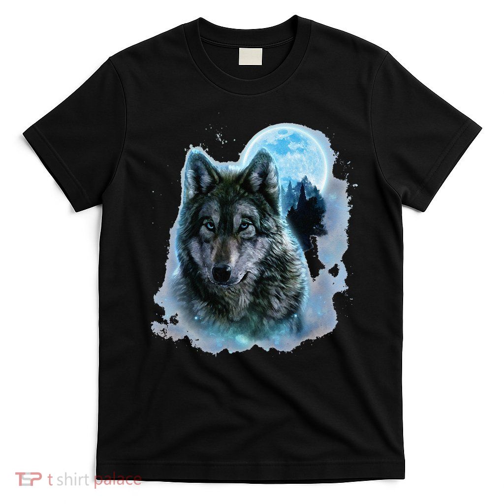 Grey Wolf Hunting Ground Icy Moon Forest Galaxy T-Shirt