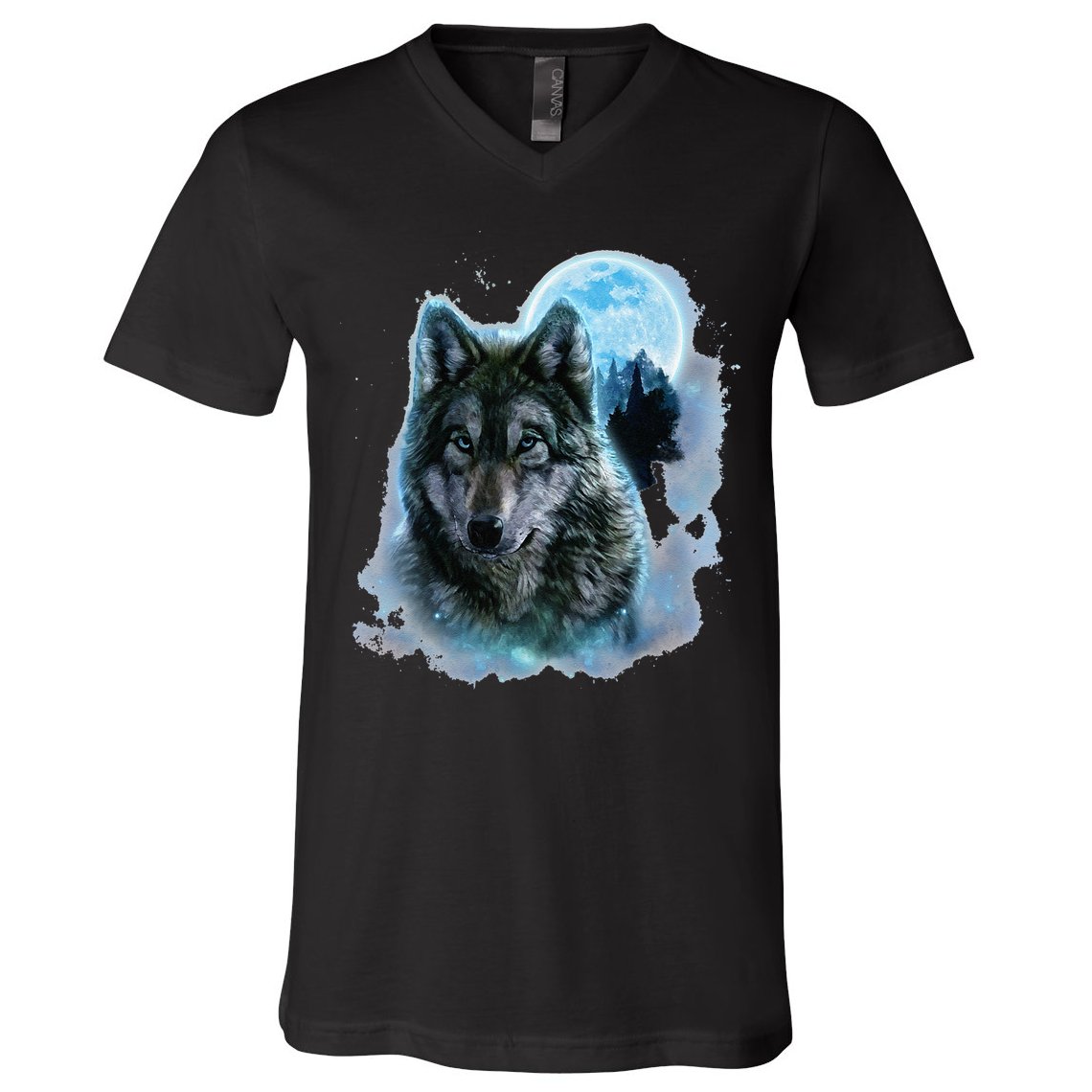 Grey Wolf Hunting Ground Icy Moon Forest Galaxy V-Neck T-Shirt