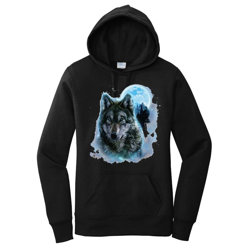 Grey Wolf Hunting Ground Icy Moon Forest Galaxy Women's Pullover Hoodie