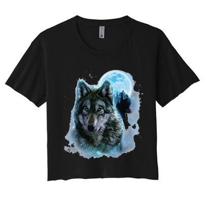 Grey Wolf Hunting Ground Icy Moon Forest Galaxy Crop Top