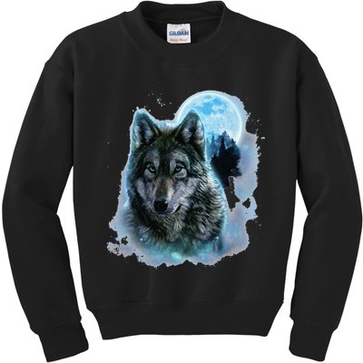 Grey Wolf Hunting Ground Icy Moon Forest Galaxy Kids Sweatshirt