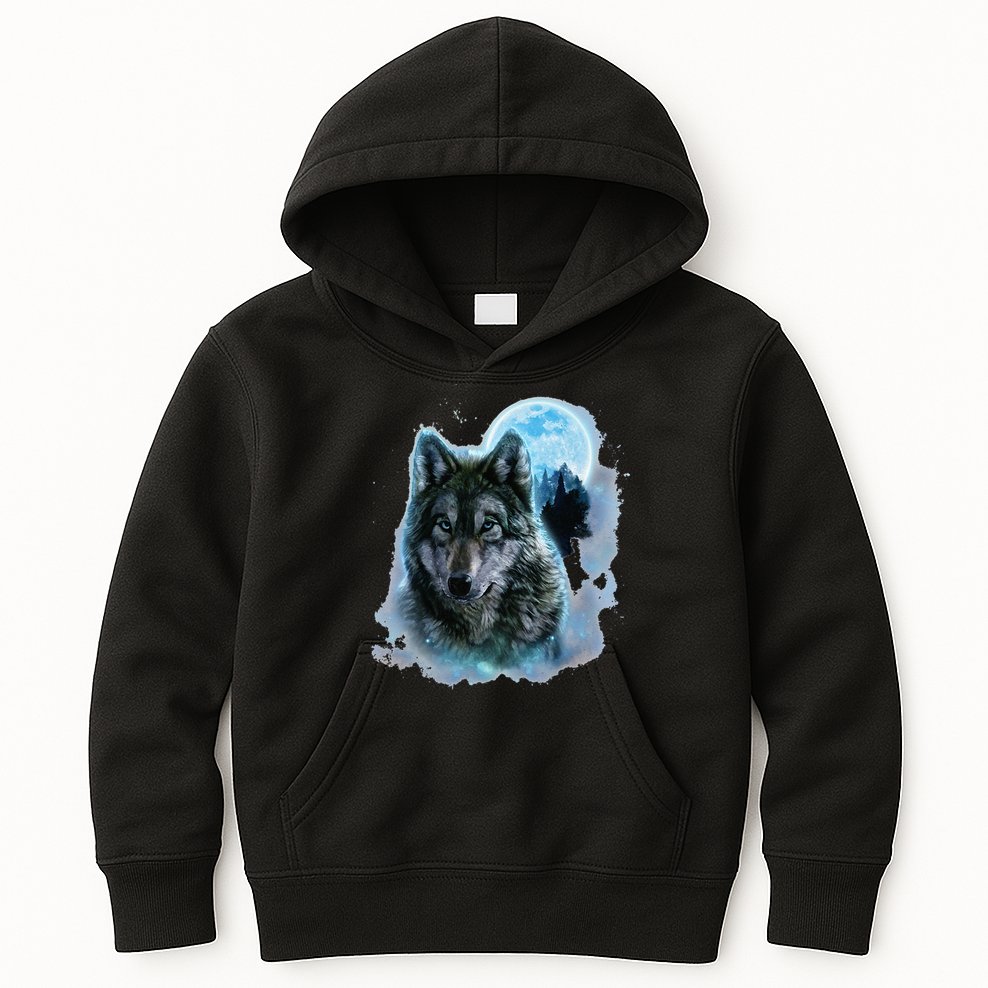 Grey Wolf Hunting Ground Icy Moon Forest Galaxy Kids Hoodie