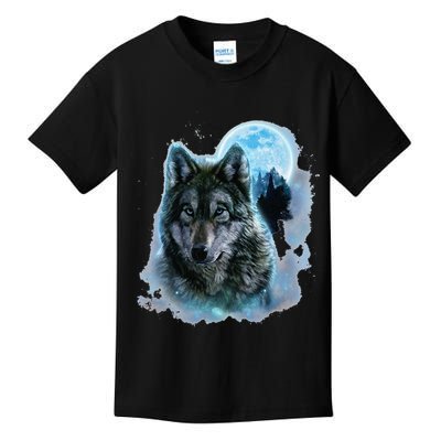 Grey Wolf Hunting Ground Icy Moon Forest Galaxy Kids T-Shirt