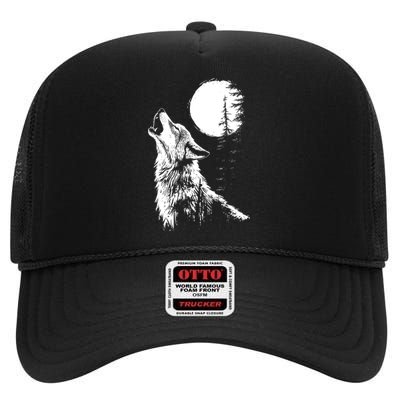 Graphic Wolf Howling Moon Forest Nature Wildlife Animal High Crown Mesh Back Trucker Hat