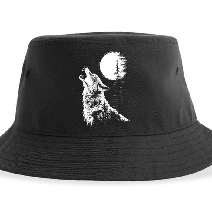 Graphic Wolf Howling Moon Forest Nature Wildlife Animal Sustainable Bucket Hat