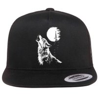 Graphic Wolf Howling Moon Forest Nature Wildlife Animal Flat Bill Trucker Hat