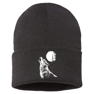 Graphic Wolf Howling Moon Forest Nature Wildlife Animal Sustainable Knit Beanie