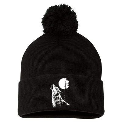 Graphic Wolf Howling Moon Forest Nature Wildlife Animal Pom Pom 12in Knit Beanie