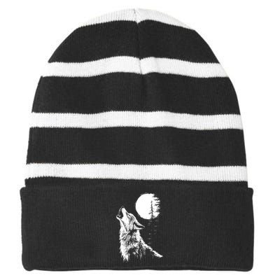 Graphic Wolf Howling Moon Forest Nature Wildlife Animal Striped Beanie with Solid Band